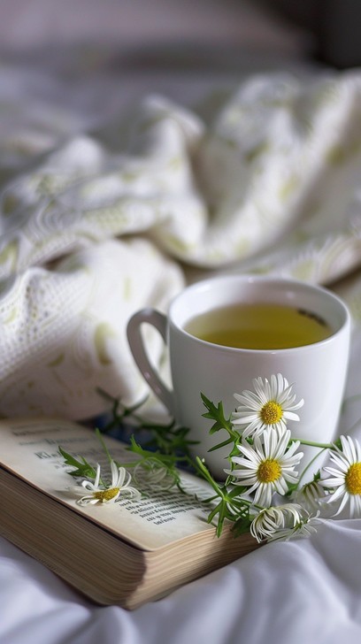 Cozy reading and relaxation ritual with warm chamomile